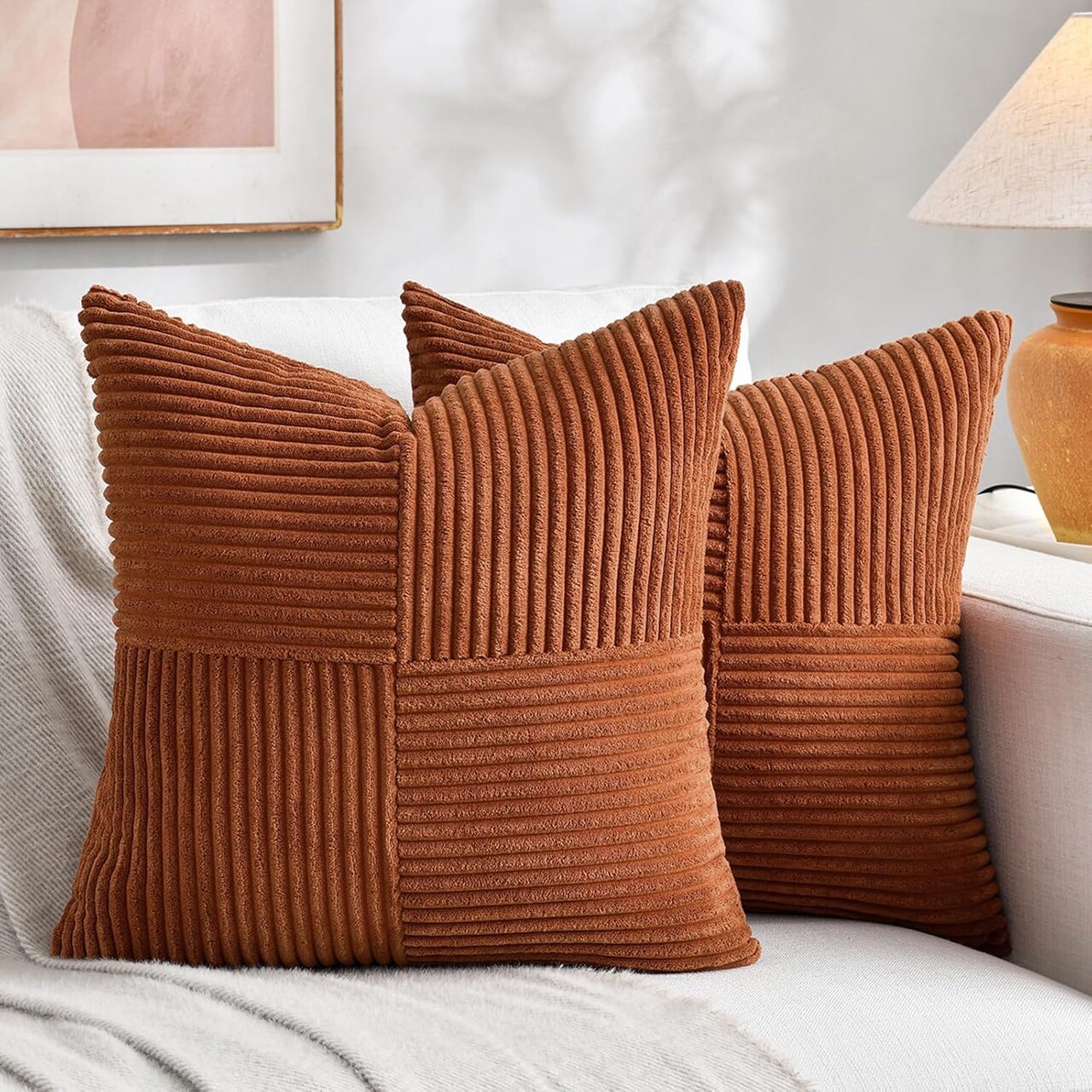 2-Pack Rust Boho Decorative Throw Pillow Covers 18x18 Inch (45x45 cm), Soft Corduroy Patchwork Textured Cushion Cases for Couch, Bed, Sofa, Farmhouse Fall Home Decor
